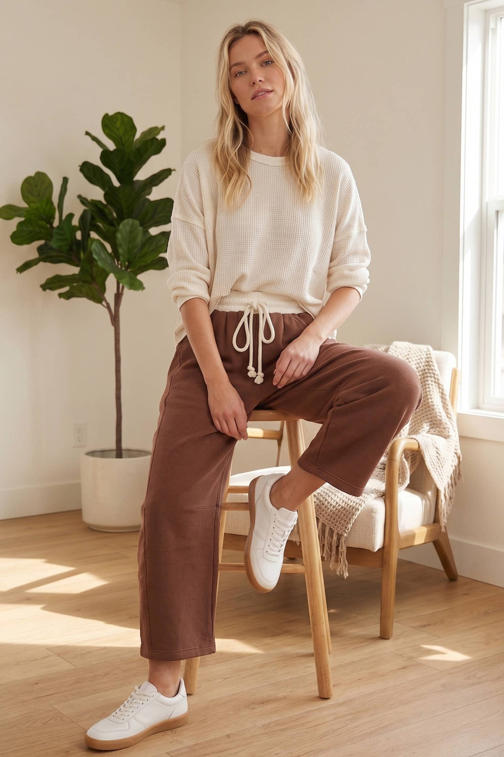 Fleece-Lined Oversized Barrel Leg Drawstring Pants