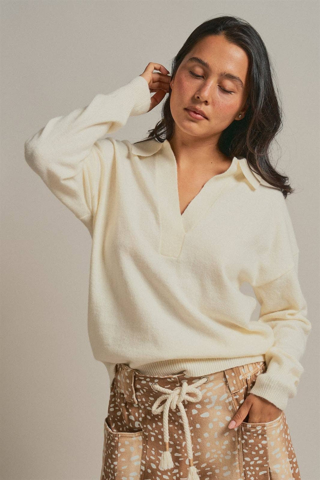 Brushed Knit Johnny Collar Polo Sweater