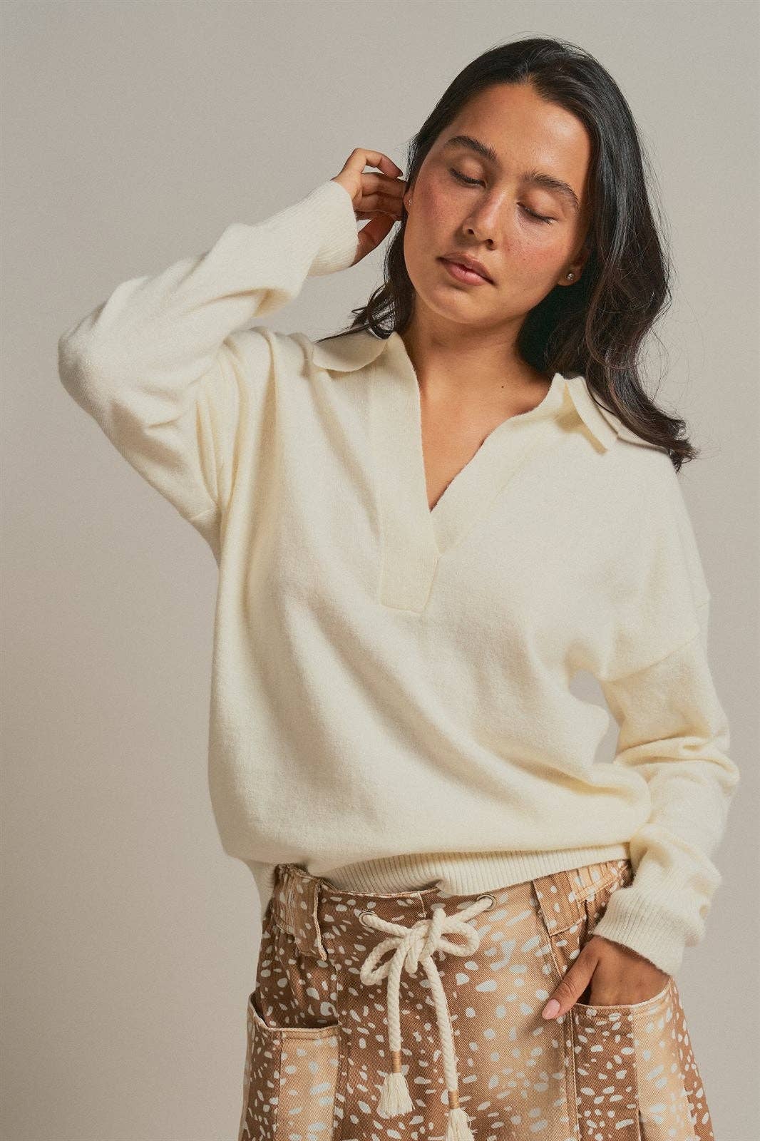 Brushed Knit Johnny Collar Polo Sweater