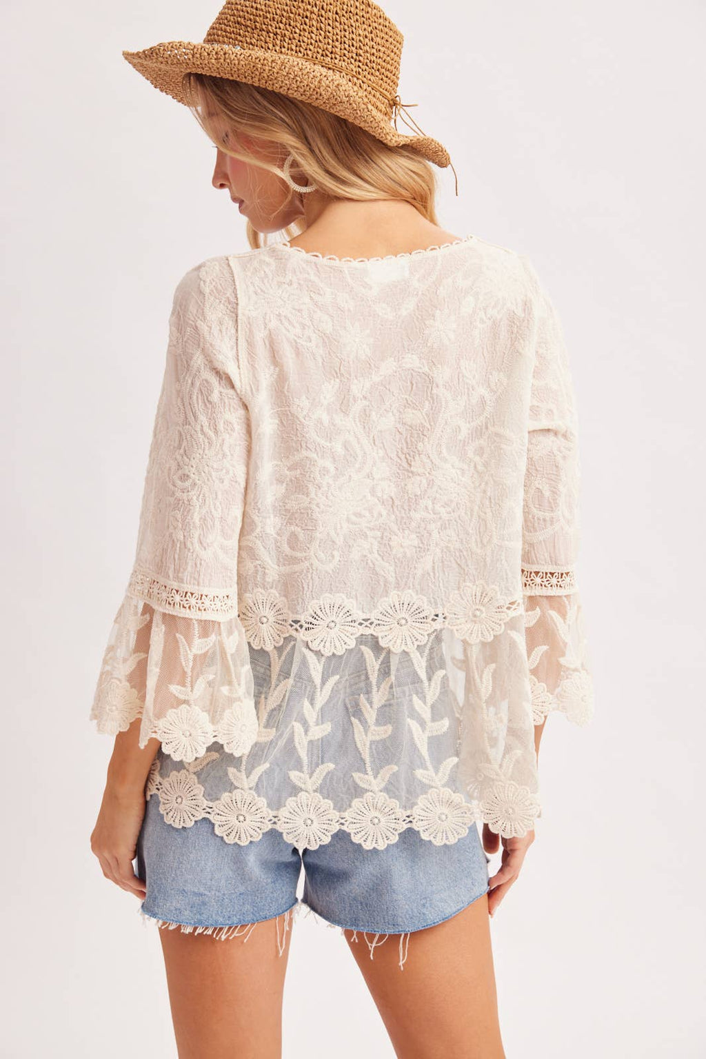 BOHO BELL SLEEVED PEPLUM CROCHET TOP