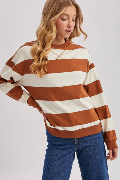 STRIPED BOXY CREW NECK KNIT SWEATSHIRT