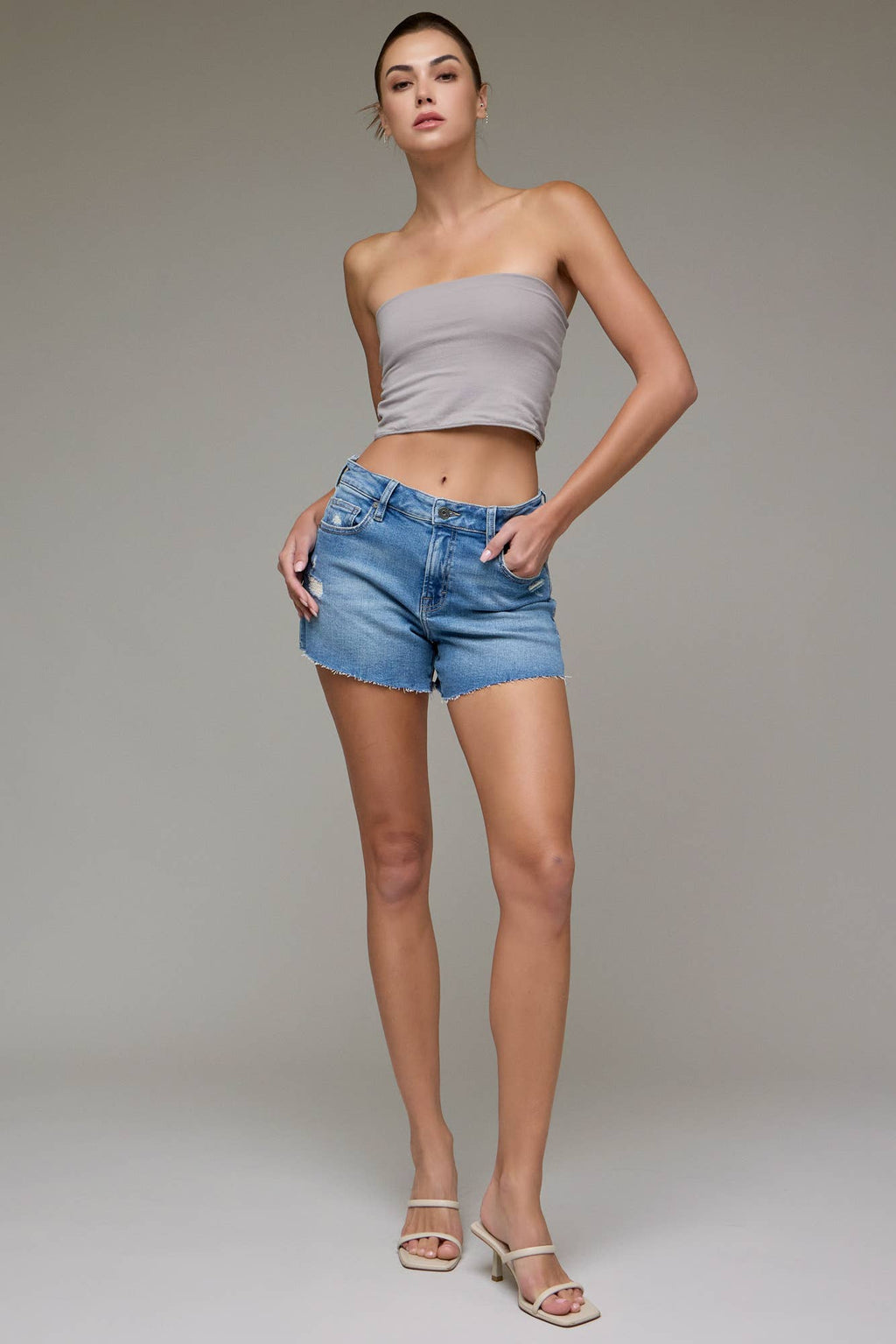 Medium Wash Mid Rise Stretch 4" Inseam Shorts