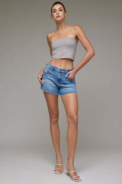 Medium Wash Mid Rise Stretch 4" Inseam Shorts