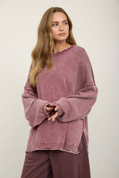 WASHED RAW EDGE CREW NECK DROP SLEEVE SWEATER