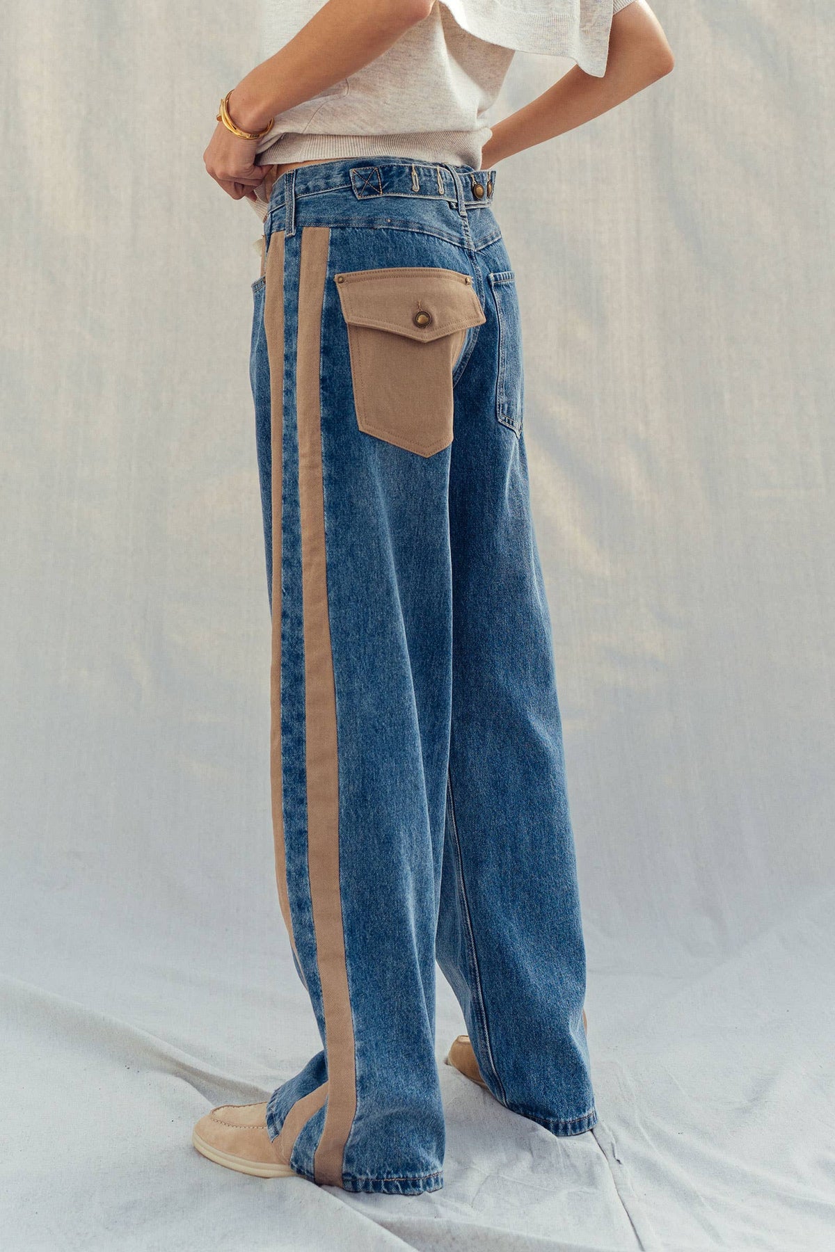 Wide-Leg Utility Stripe Denim Jeans