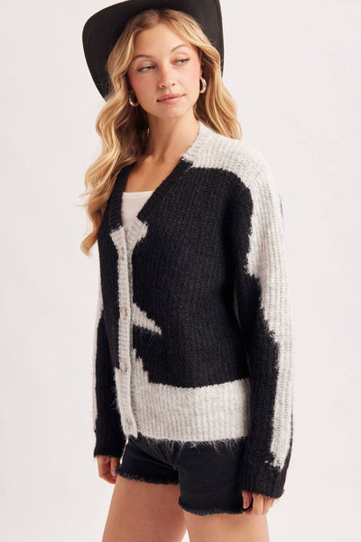 COWHIDE COLORBLOCK BUTTON DOWN FUZZY KNIT SWEATER CARDIGAN
