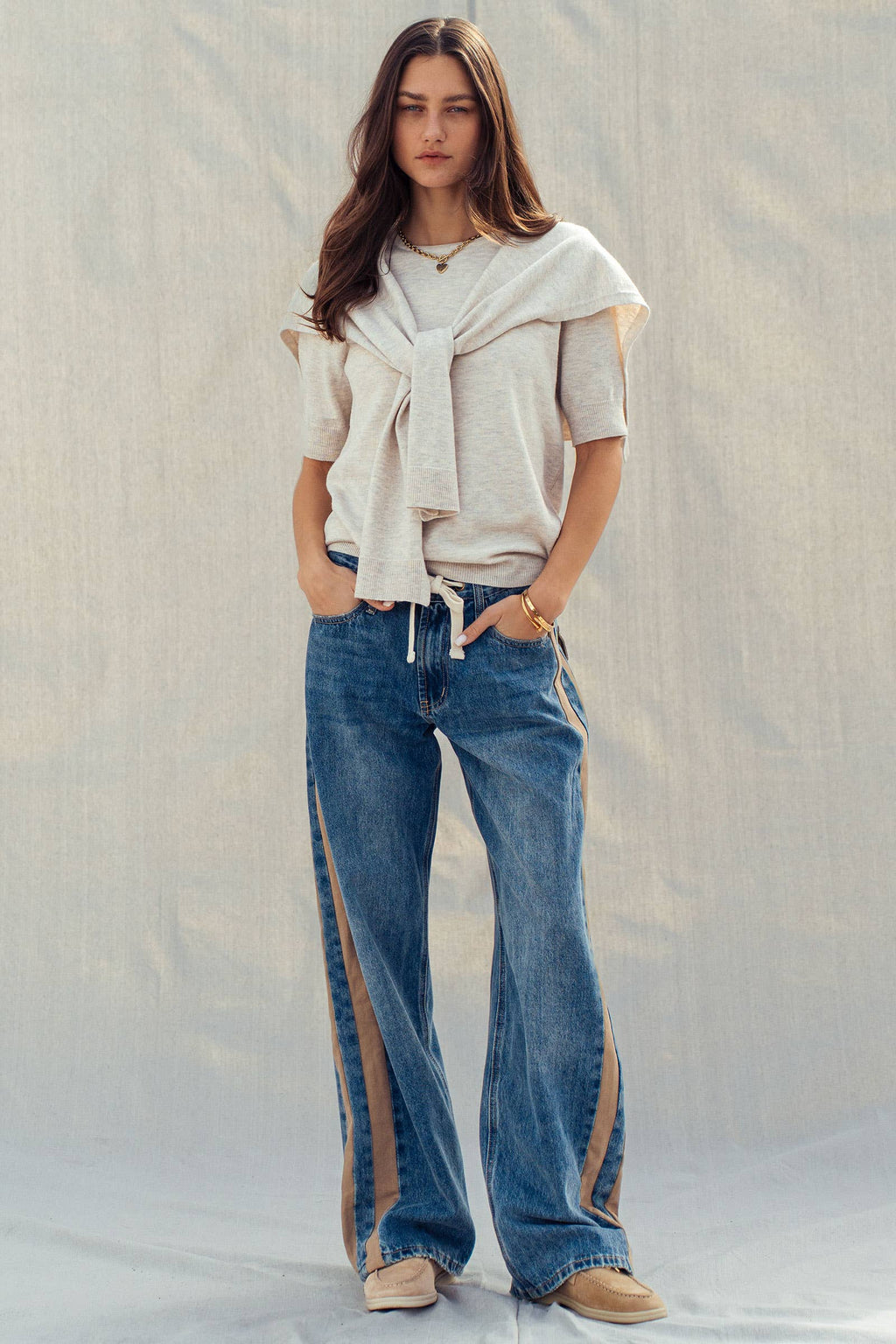Wide-Leg Utility Stripe Denim Jeans