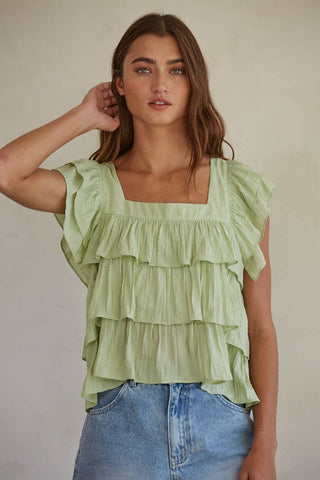 L6957 | Woven Polyester Square Neck Short Sleeve Layered Top