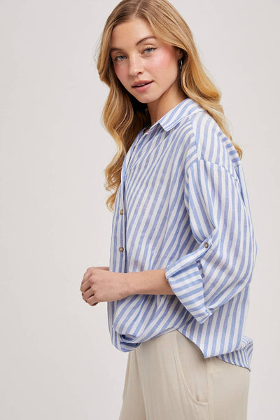 STRIPED BUTTON DOWN KNOTTED FRONT SHIRT