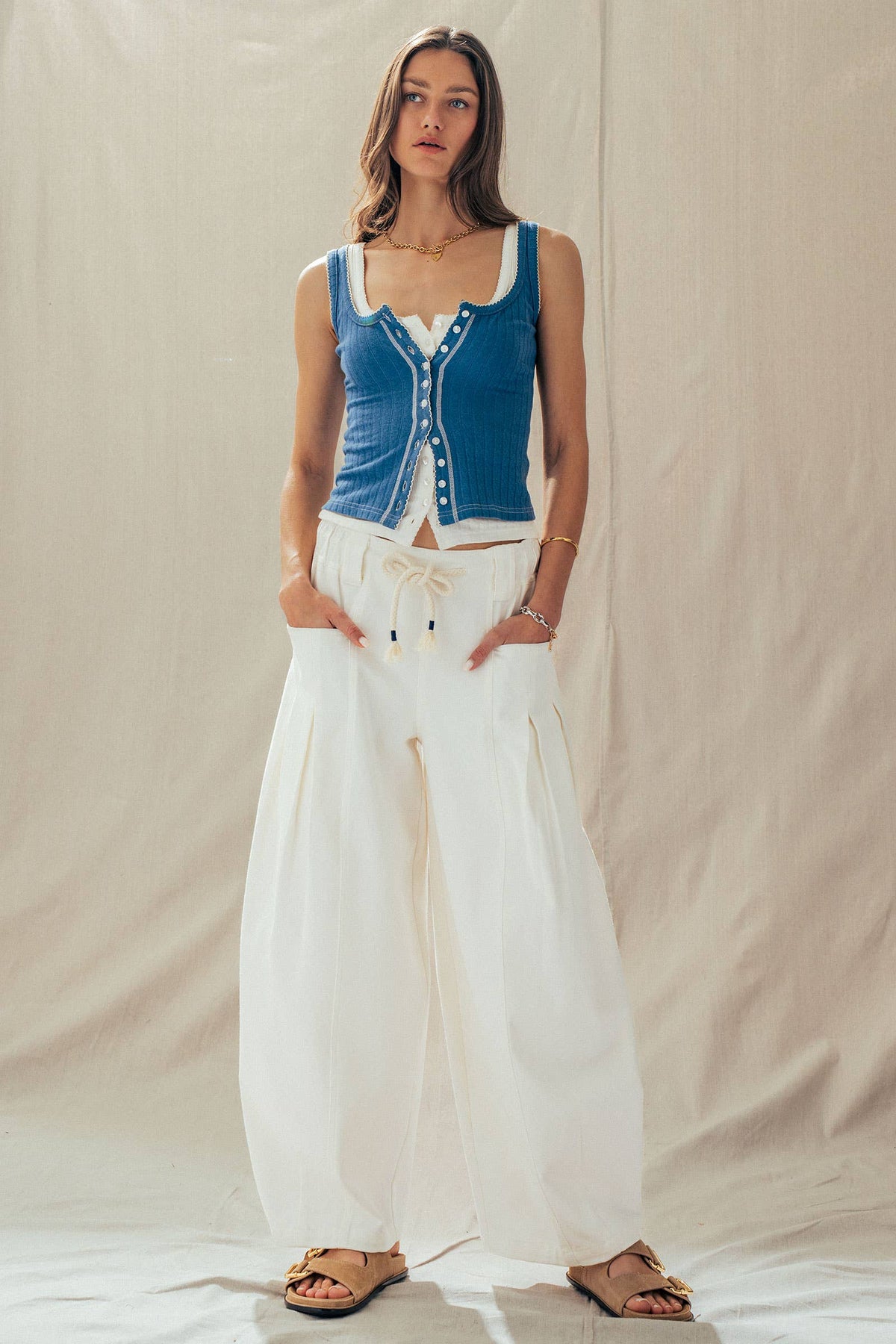 Ribbed Cotton Button-Front Picot Trim Tank