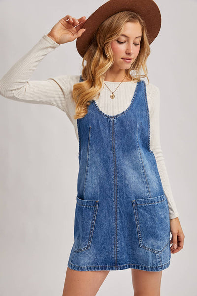 DENIM WASHED OVERALL POCKET DRESS