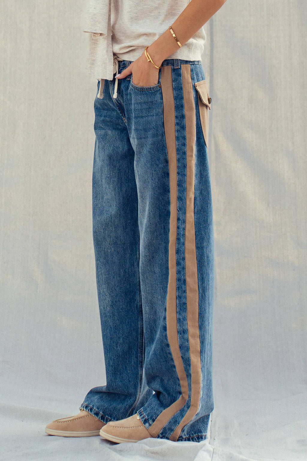 Wide-Leg Utility Stripe Denim Jeans