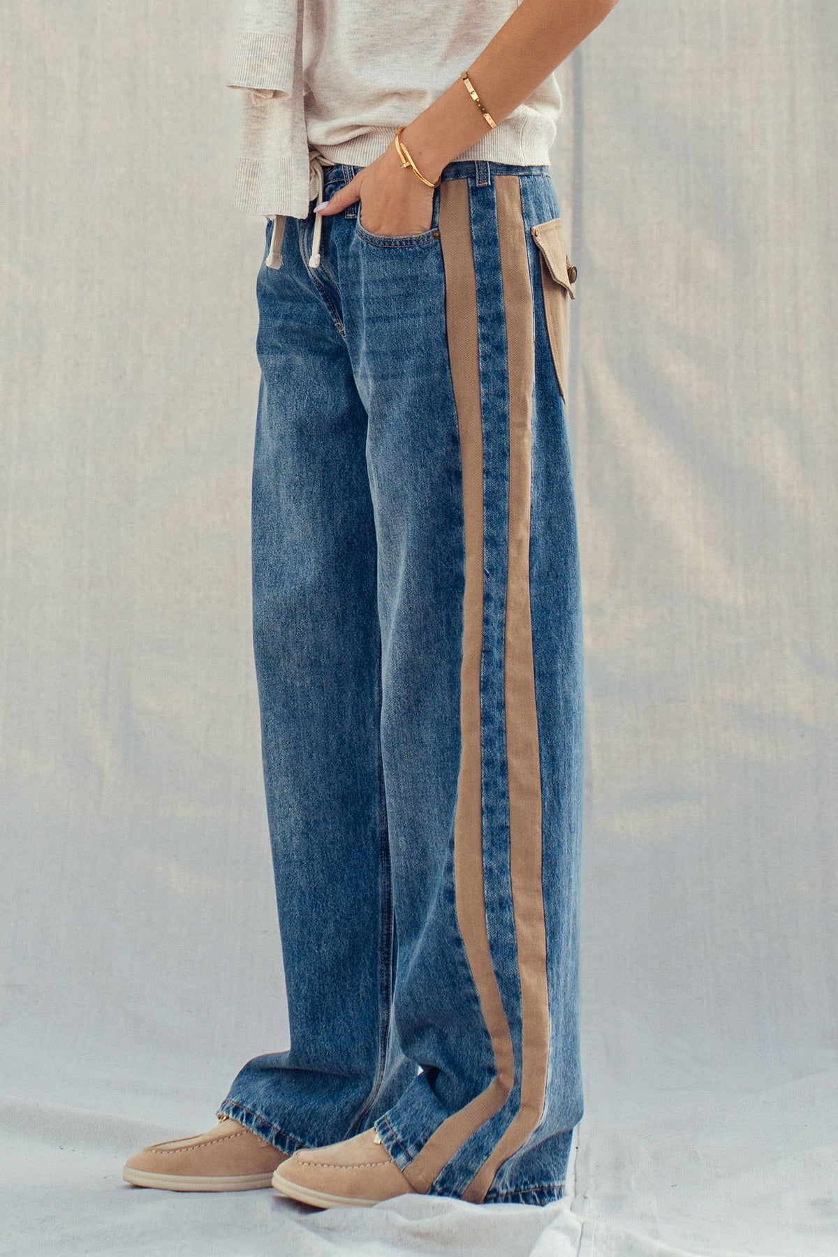 Wide-Leg Utility Stripe Denim Jeans