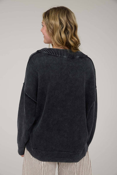 WASHED V NECK LONG SLEEVE OVERSIZED KNIT SWEATER