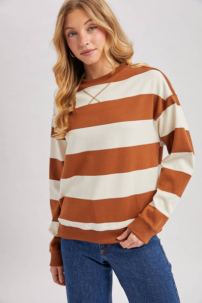STRIPED BOXY CREW NECK KNIT SWEATSHIRT