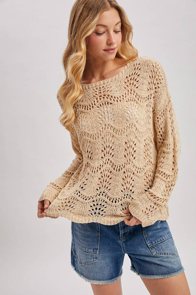 BOAT NECK SCALLOPED HEM OPEN KNIT SWEATER