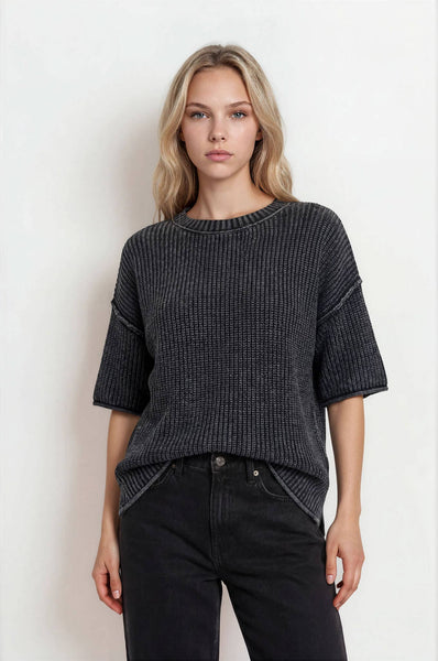 WASHED CREW NECK RAW EDGE SHORT SLEEVE SWEATER