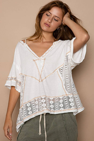 Relaxed fit notched neck lace crochet detail 1/2 sleeve top
