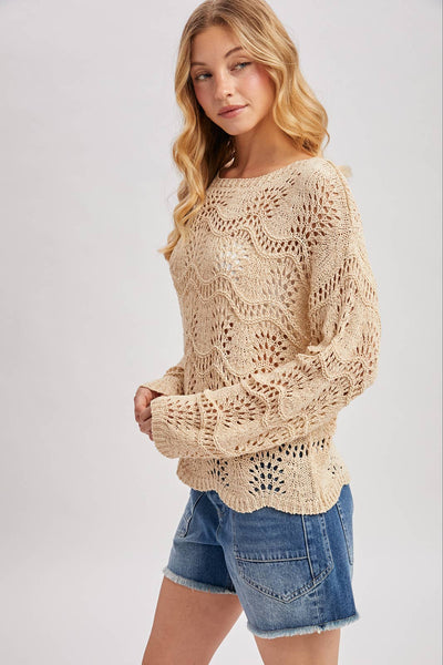 BOAT NECK SCALLOPED HEM OPEN KNIT SWEATER
