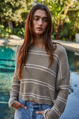 W1454 | Knit Polyester Double Striped Long Sleeve Top