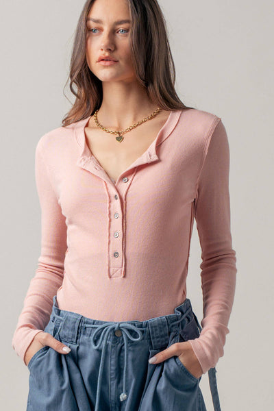 Ribbed Henley Long Sleeve Top