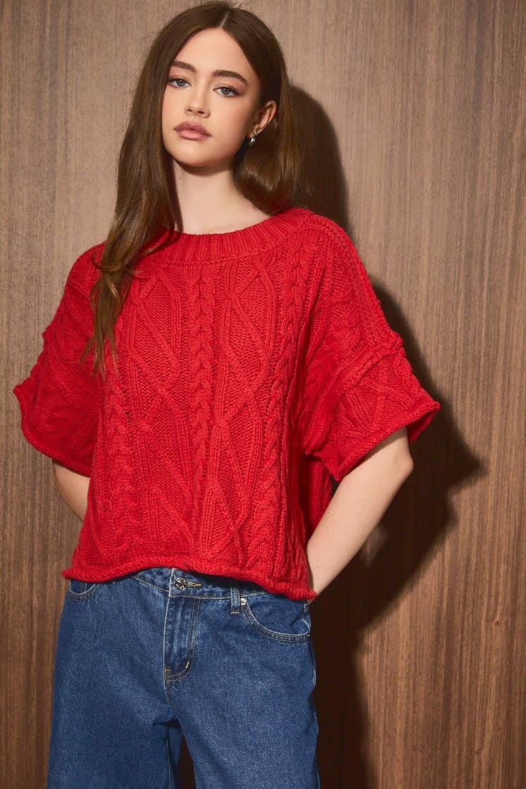ROUND NECK SHORT SLEEVE KNIT SWEATER TOP