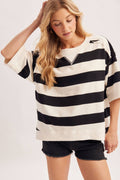 STRIPE OVERSIZED CREW NECK KNIT T-SHIRT TOP