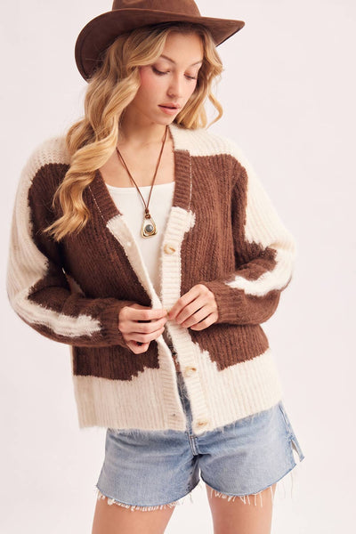 COWHIDE COLORBLOCK BUTTON DOWN FUZZY KNIT SWEATER CARDIGAN