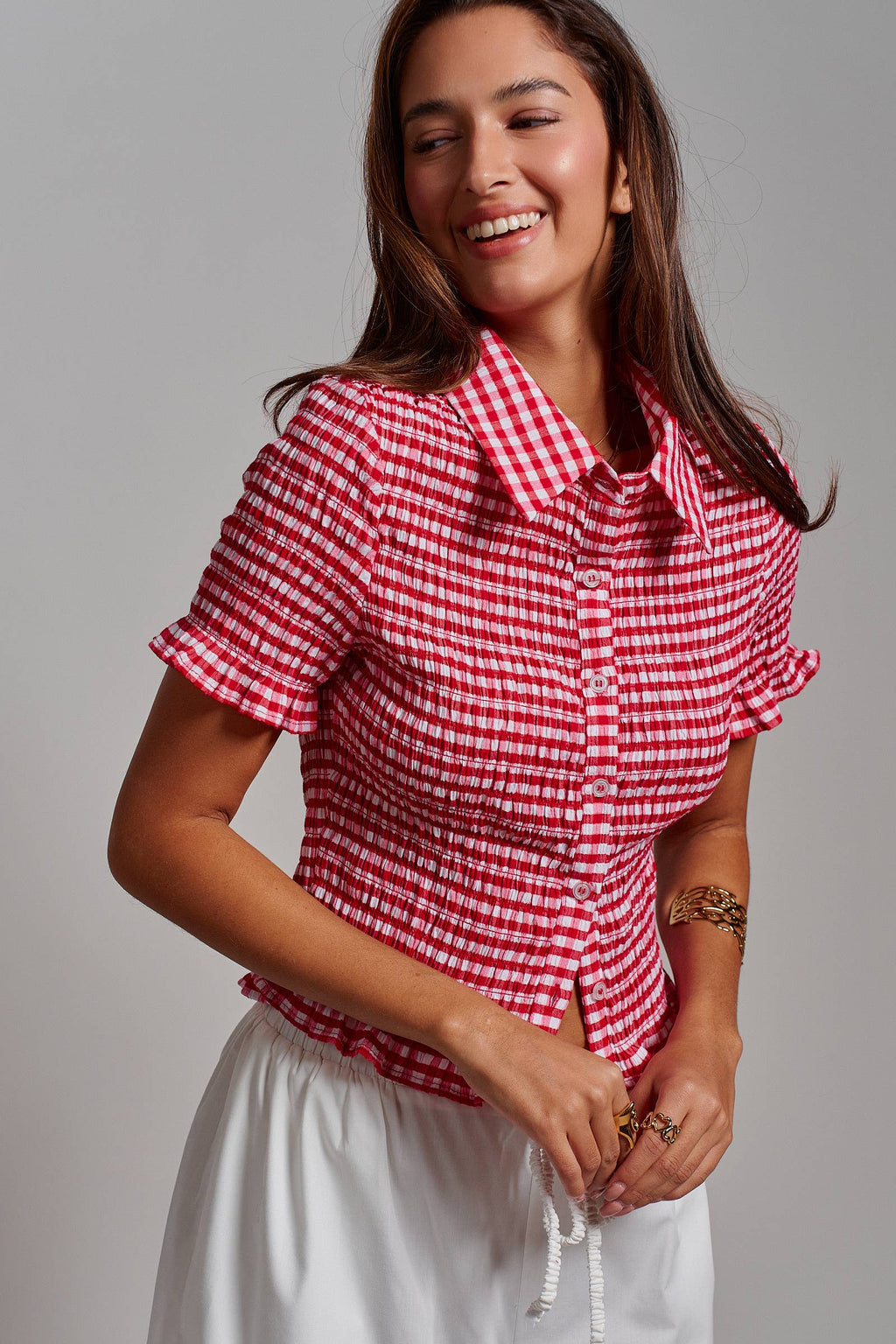 All-Over Smocked Gingham Button-Up Shirt