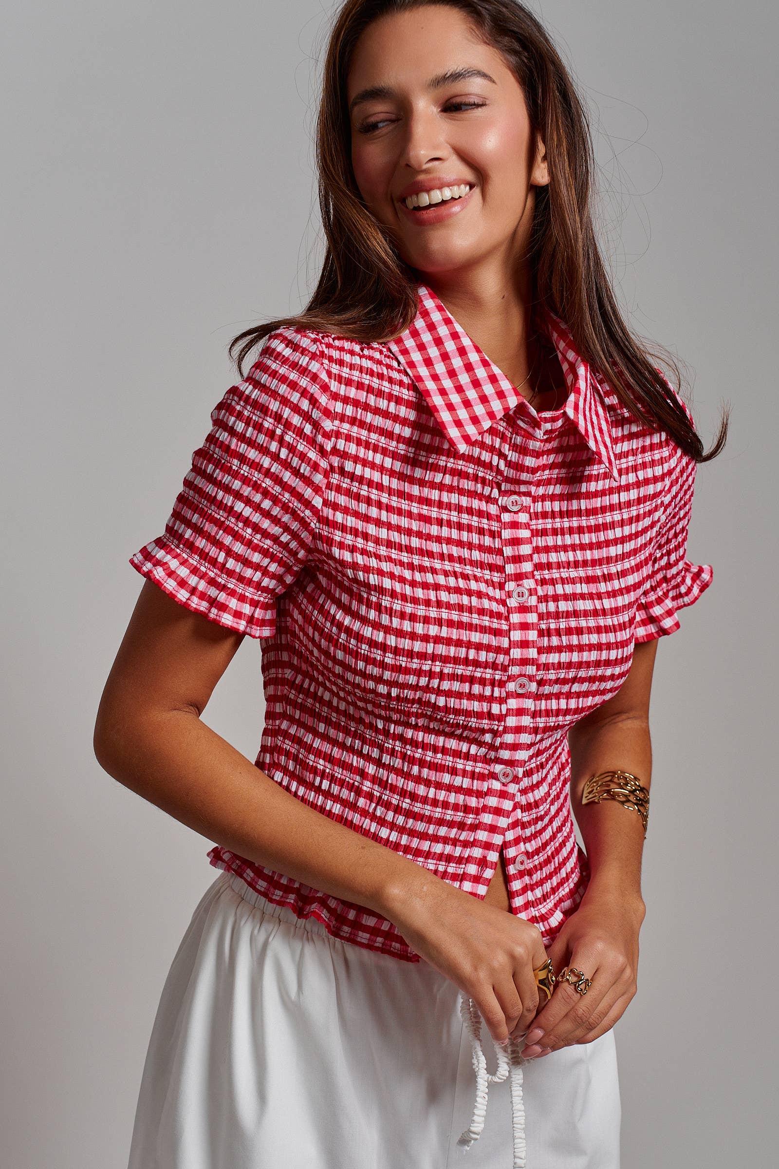 All-Over Smocked Gingham Button-Up Shirt