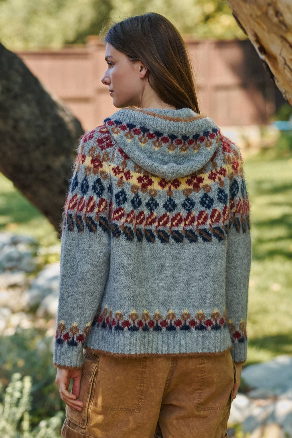 Fair Isle Knit Zip Hoodie Cardigan Sweater