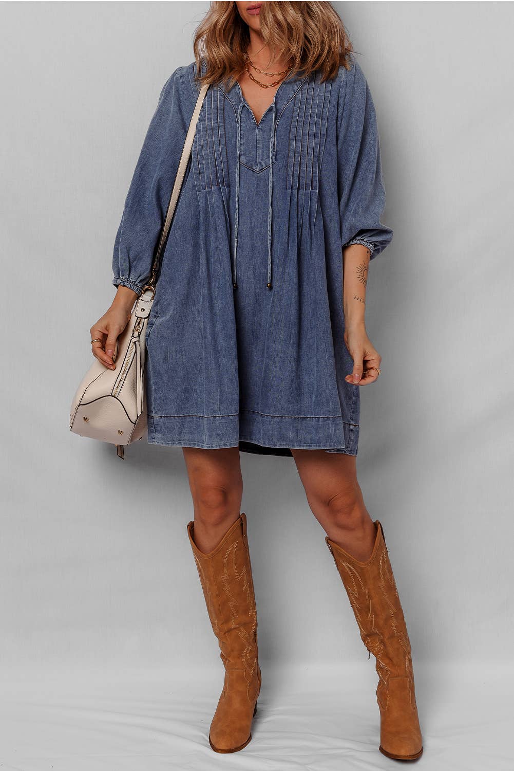 V Neck Pleated Denim Mini Dress