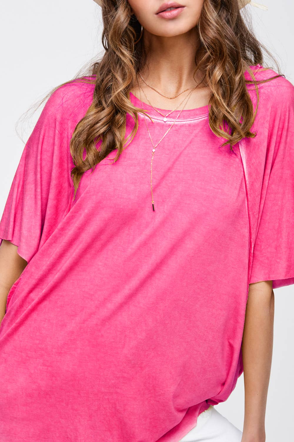 HBT7653-Dyed Fabric Round Neck Batwing Short Sleeve Top
