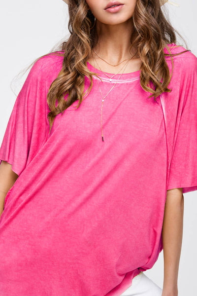 HBT7653-Dyed Fabric Round Neck Batwing Short Sleeve Top