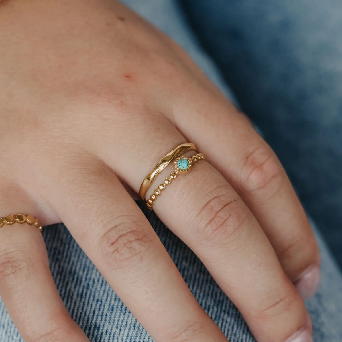 Turquoise Stone Double Ring, Waterproof Stainless Steel