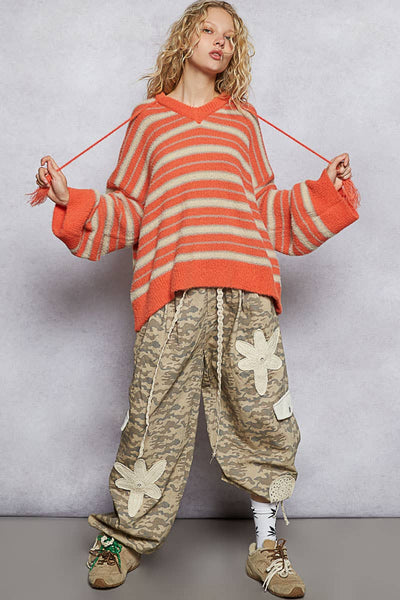 V-neck long sleeve striped hoodie mohair sweater top