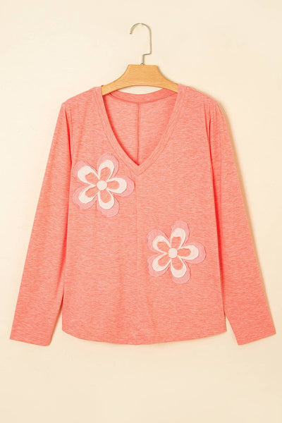 Floral Patchwork V Neck Long Sleeve T Shirt