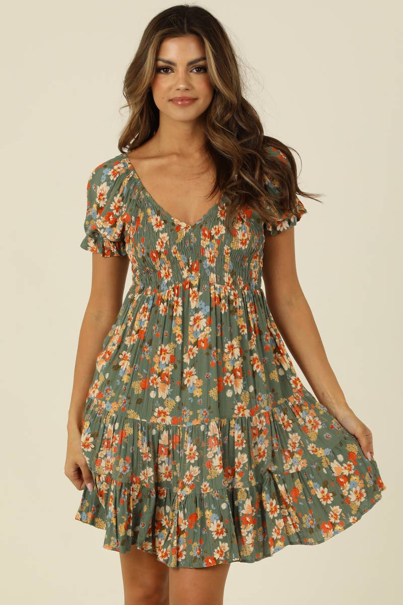 SMOCKED BODICE SHORT SLEEVE DRESS