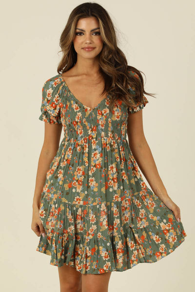 SMOCKED BODICE SHORT SLEEVE DRESS