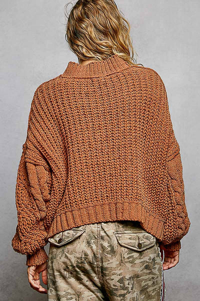 Mock Neck Balloon Sleeve Cable Knit Pullover Sweater