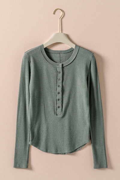 Ribbed Henley Long Sleeve Top
