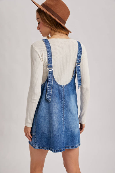 DENIM WASHED OVERALL POCKET DRESS