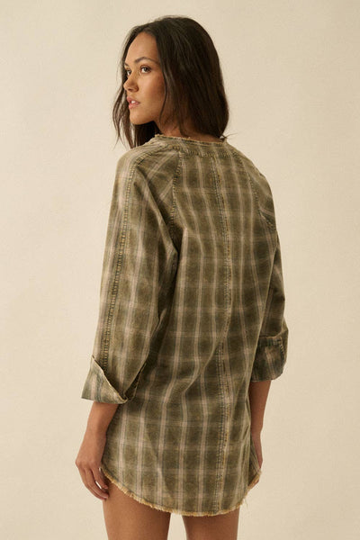 Plaid Flannel Raw-Edge Button-Up Mini Shirt Dress