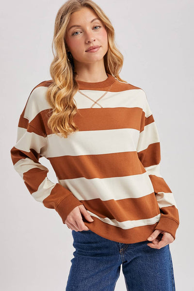 STRIPED BOXY CREW NECK KNIT SWEATSHIRT