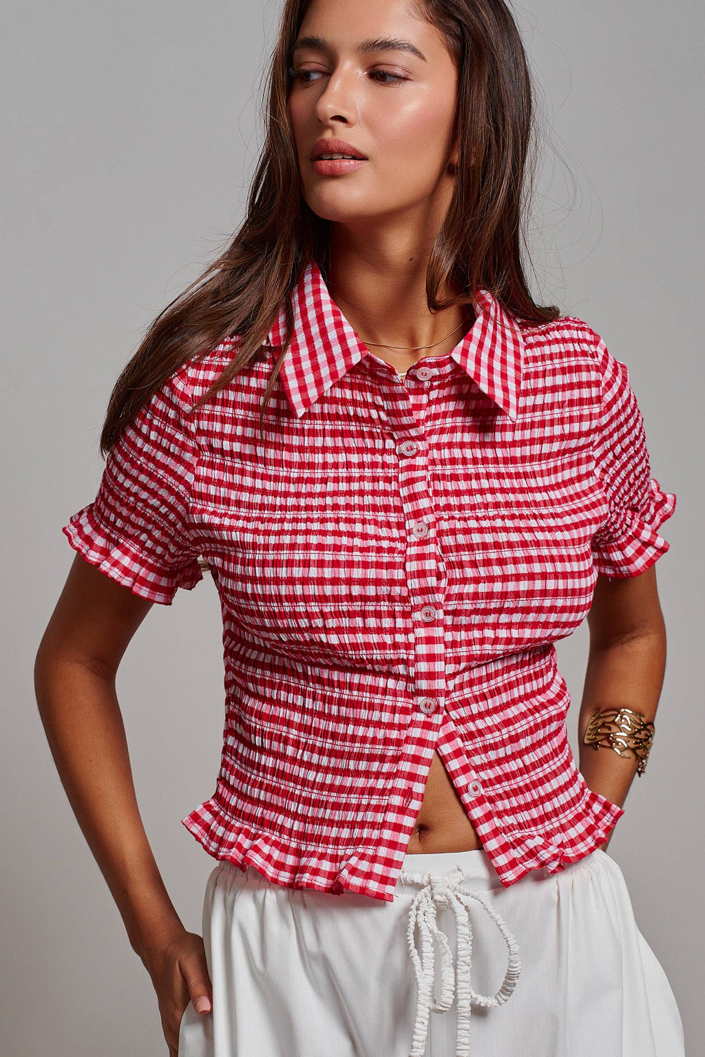 All-Over Smocked Gingham Button-Up Shirt