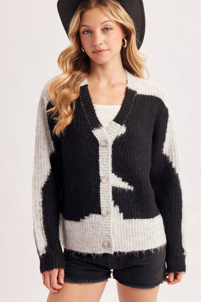 COWHIDE COLORBLOCK BUTTON DOWN FUZZY KNIT SWEATER CARDIGAN