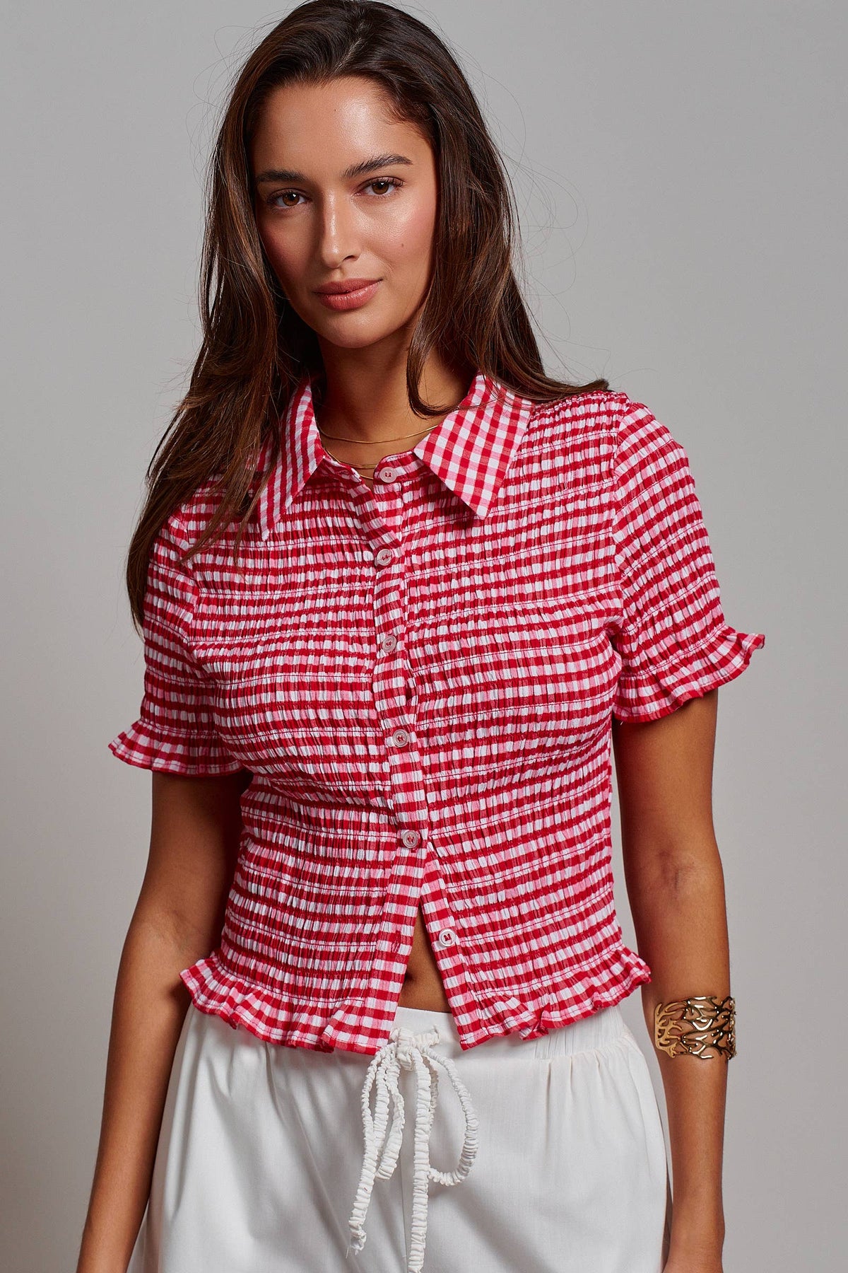 All-Over Smocked Gingham Button-Up Shirt