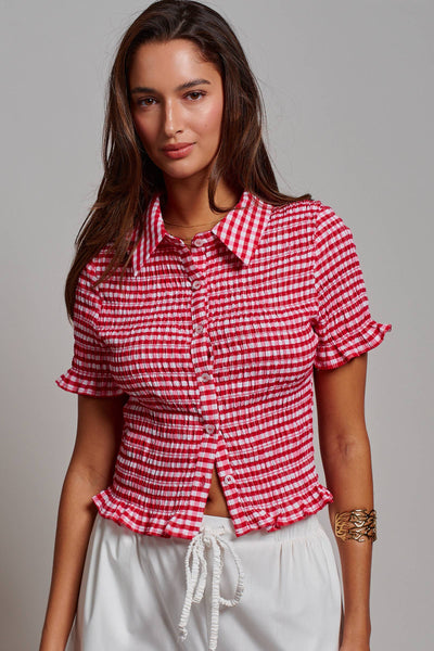 All-Over Smocked Gingham Button-Up Shirt
