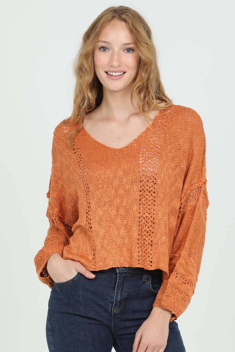 BEACHY LIGHT WEIGHT V NECK CROP PULLOVER SWEATER