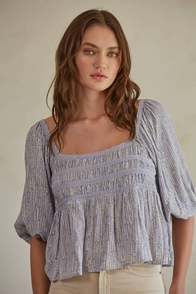 L7358 | Woven Rayon Print Detail Square Neck 3/4 Sleeve Top
